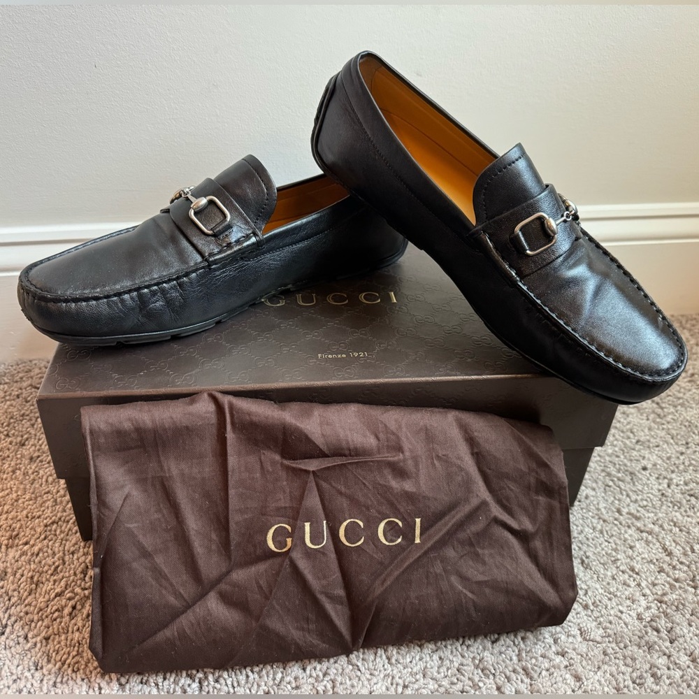 Men’s Gucci Black Leather Driver with Silver-toned Hardware Size 9+